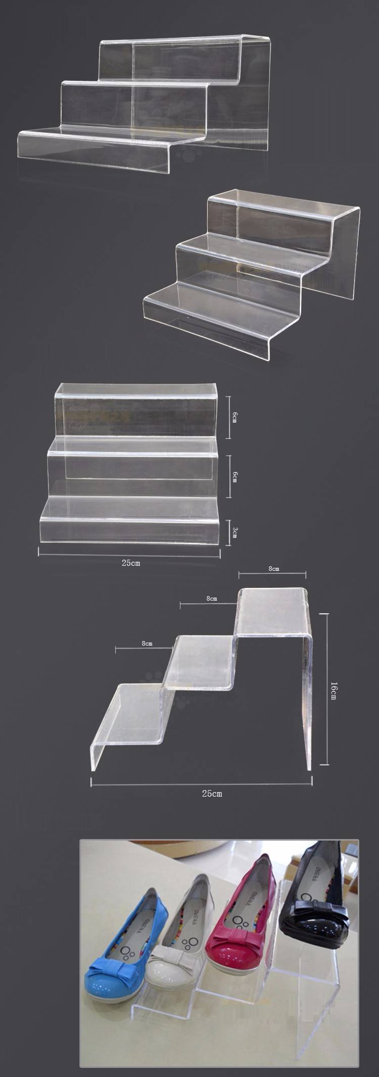 3 Step Acrylic Countertop Step Display Shelf Risers